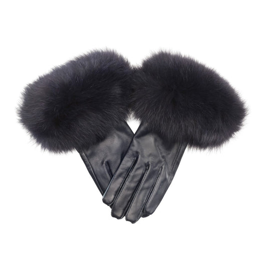 LEATHER GLOVES WITH FUR // NAVY BLUE